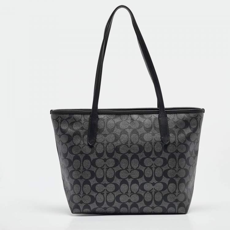 Pre Owned Coach Black/Silver Signature Coated Canvas and Leather City Zip Tote