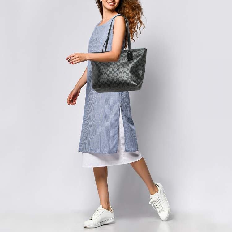 Coach Black/Silver Signature Coated Canvas and Leather City Coach Black/Silver Signature Coated Canvas and Leather City