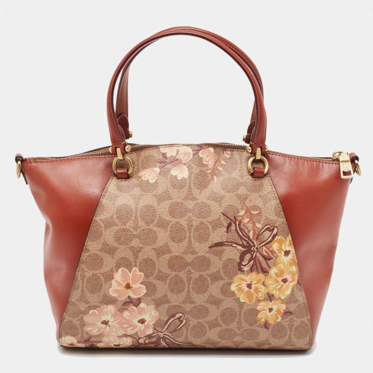 Pre Owned Coach Beige/Brown Signature Coated Canvas and Leather Floral Prairie Satchel