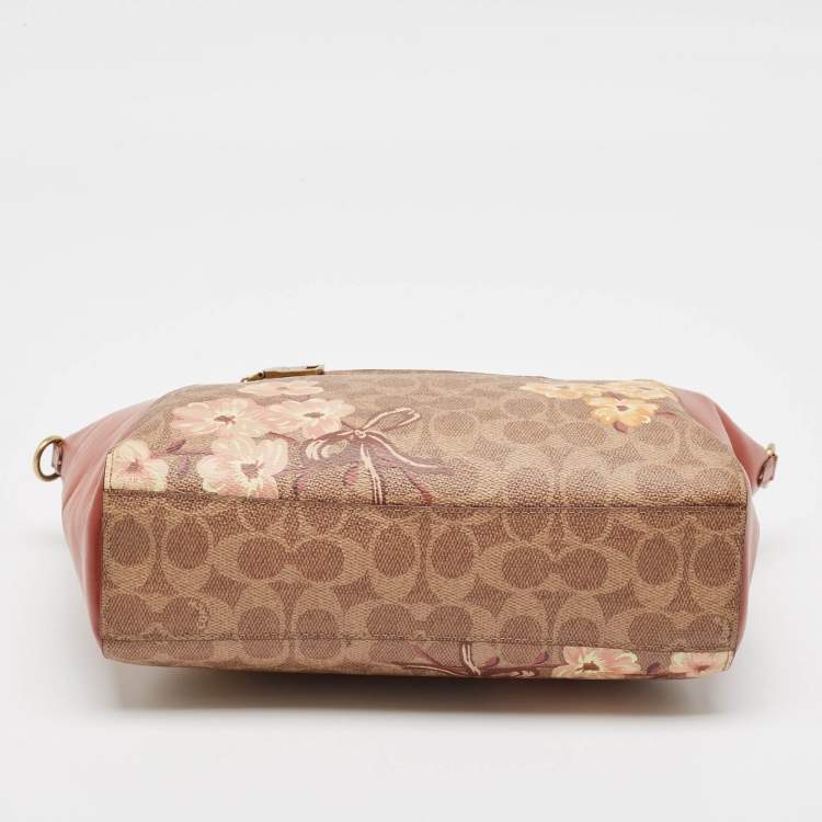 Pre Owned Coach Beige/Brown Signature Coated Canvas and Leather Floral Prairie Satchel
