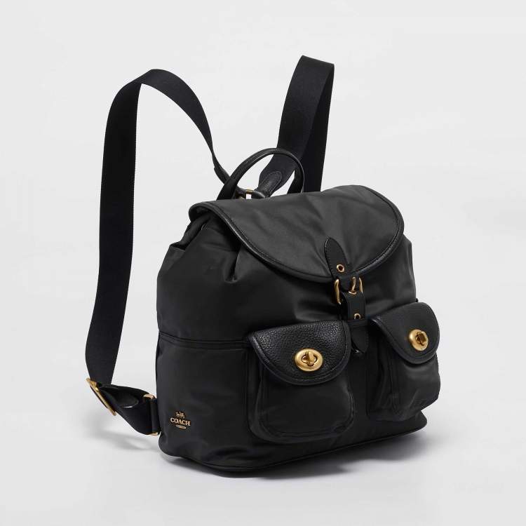 Pre Owned Coach Black Nylon and Leather Cargo Vintage Rose Print Interior Backpack