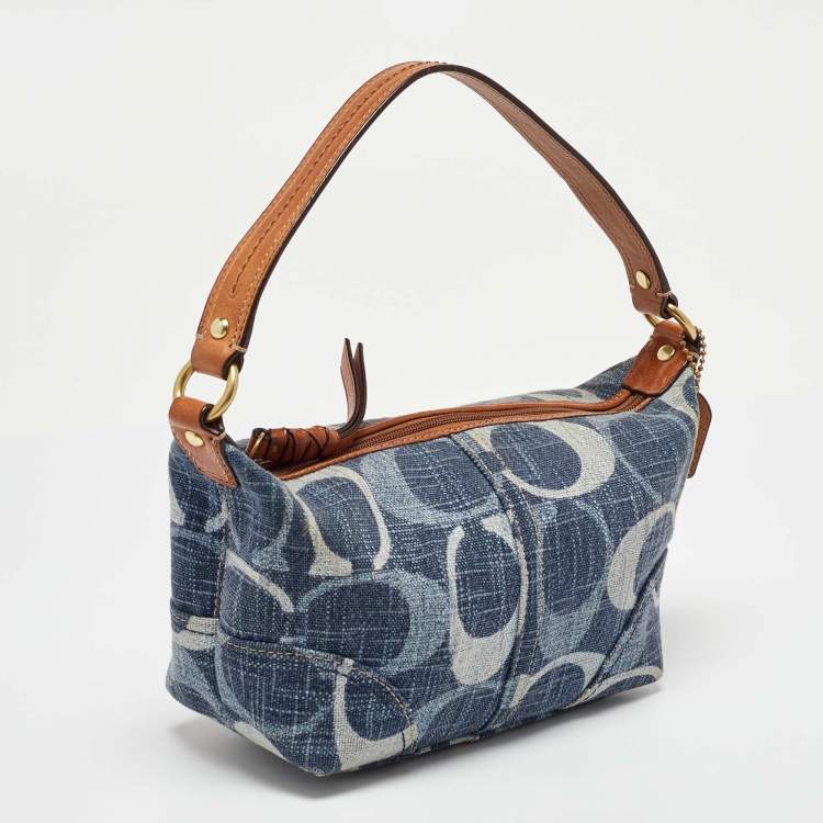 Pre Owned Coach Blue/Brown Signature Denim and Leather Baguette Bag