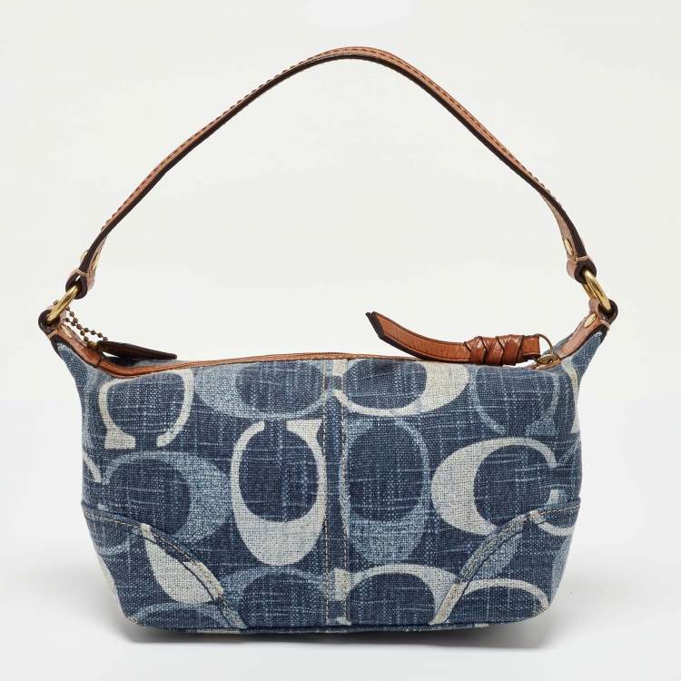Pre Owned Coach Blue/Brown Signature Denim and Leather Baguette Bag