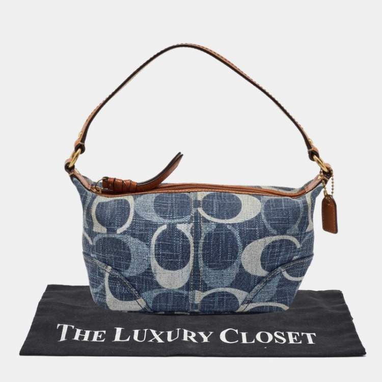 Pre Owned Coach Blue/Brown Signature Denim and Leather Baguette Bag