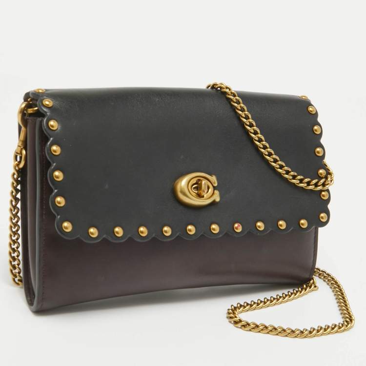 Pre Owned Coach Black/Burgundy Leather Scallop Studded Marlow Crossbody Bag