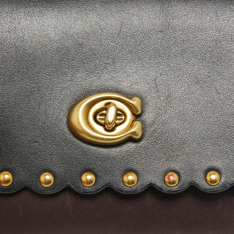Pre Owned Coach Black/Burgundy Leather Scallop Studded Marlow Crossbody Bag