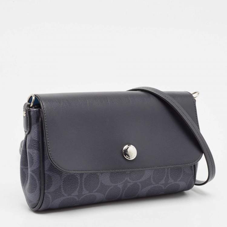 Pre Owned Coach Navy Blue Signature Coated Canvas and Leather Reversible Flap Crossbody Bag