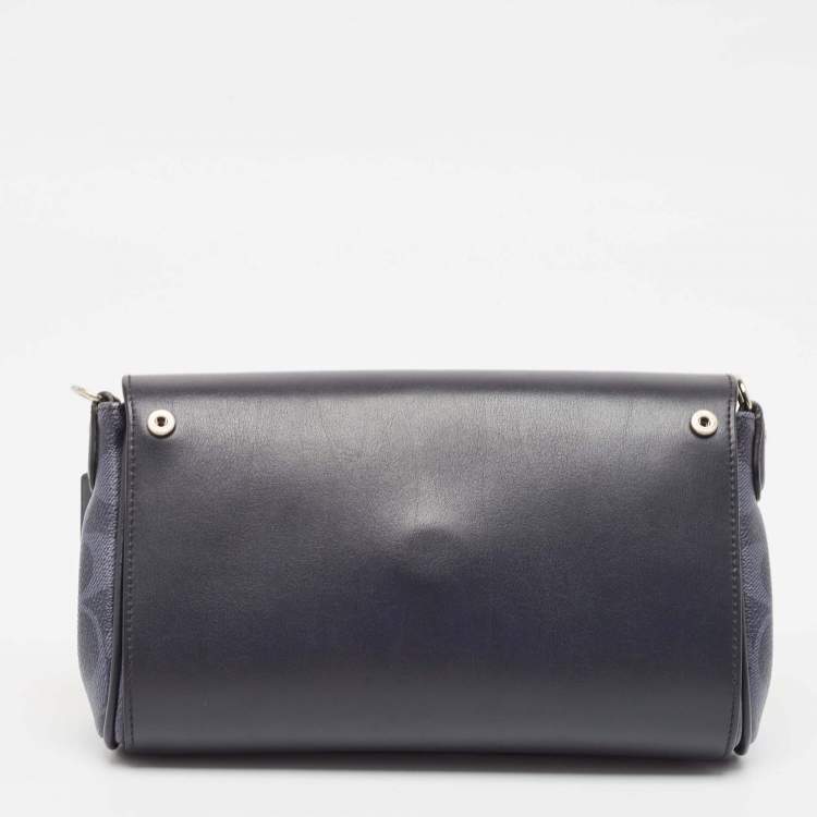Pre Owned Coach Navy Blue Signature Coated Canvas and Leather Reversible Flap Crossbody Bag
