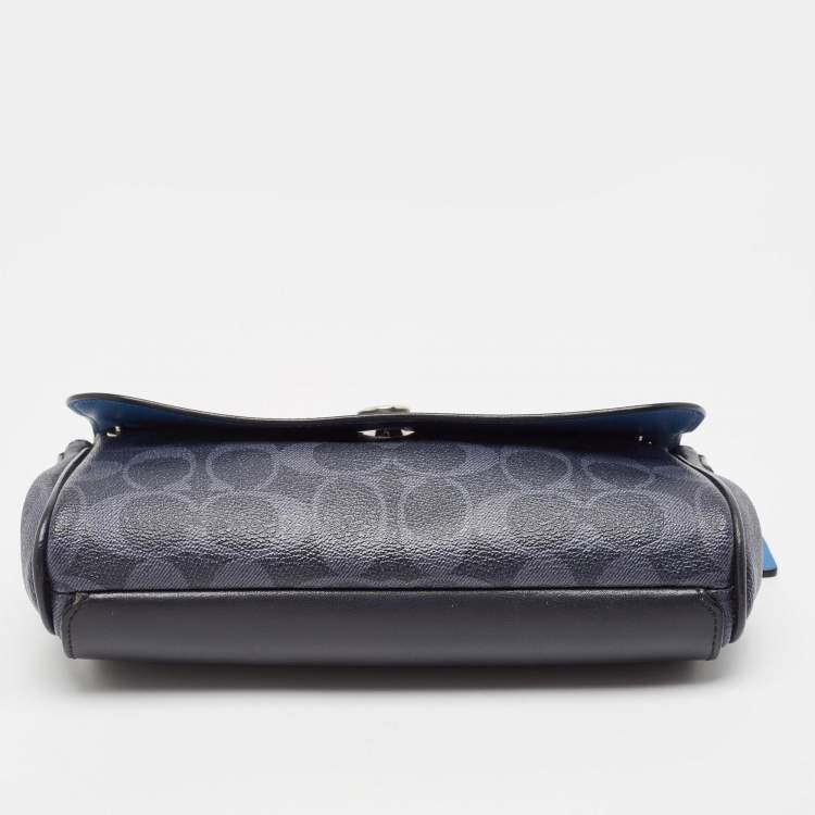 Pre Owned Coach Navy Blue Signature Coated Canvas and Leather Reversible Flap Crossbody Bag