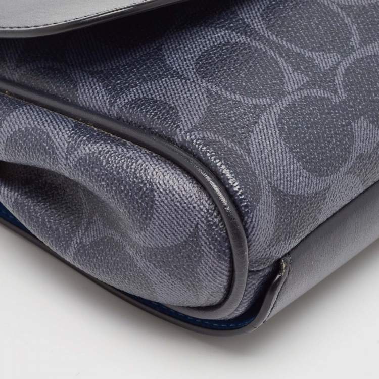 Pre Owned Coach Navy Blue Signature Coated Canvas and Leather Reversible Flap Crossbody Bag