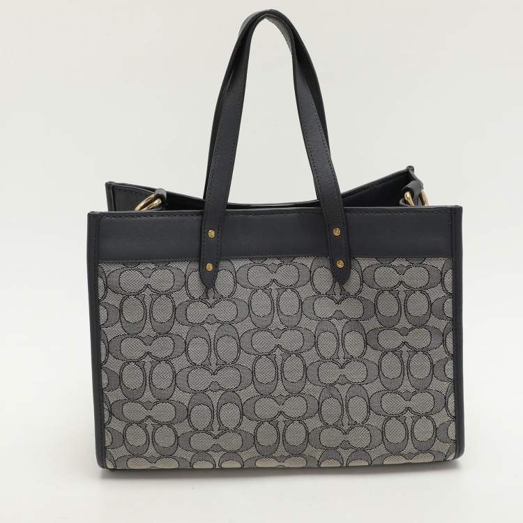 Pre Owned Coach Navy Blue Canvas and Leather Field Tote 30