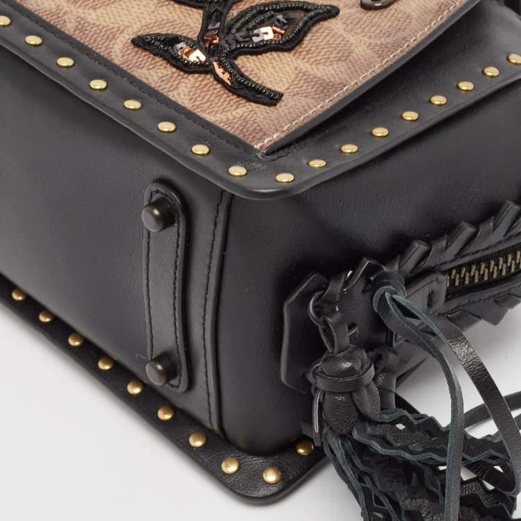 Pre Owned Coach Black/Brown Signature Coated Canvas and Leather Dreamer Embellished Satchel