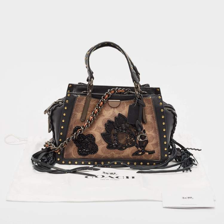 Pre Owned Coach Black/Brown Signature Coated Canvas and Leather Dreamer Embellished Satchel