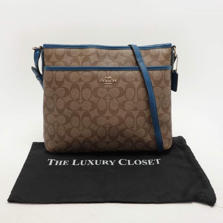 Pre Owned Coach Beige/Blue Signature Coated Canvas File Crossbody Bag