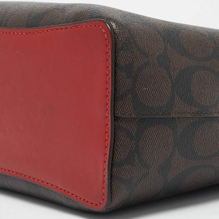 Pre Owned Coach Red/Brown Signature Coated Canvas and Leather Small Town Bucket Bag