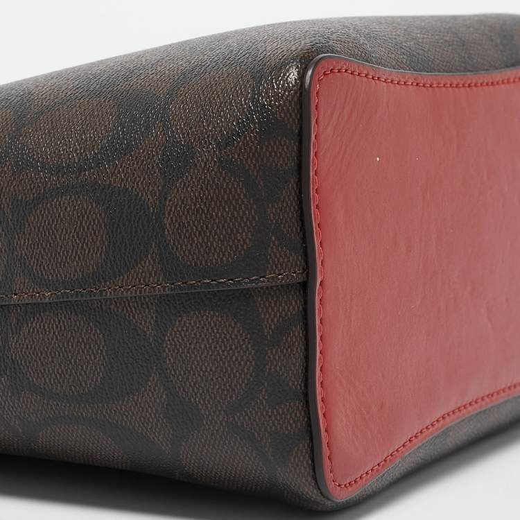Pre Owned Coach Red/Brown Signature Coated Canvas and Leather Small Town Bucket Bag