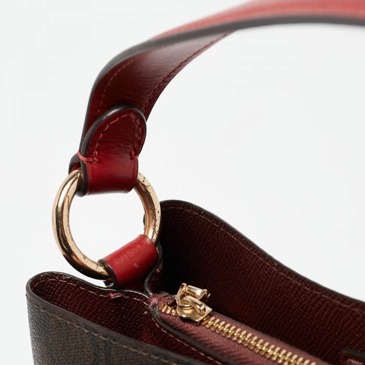 Pre Owned Coach Red/Brown Signature Coated Canvas and Leather Small Town Bucket Bag