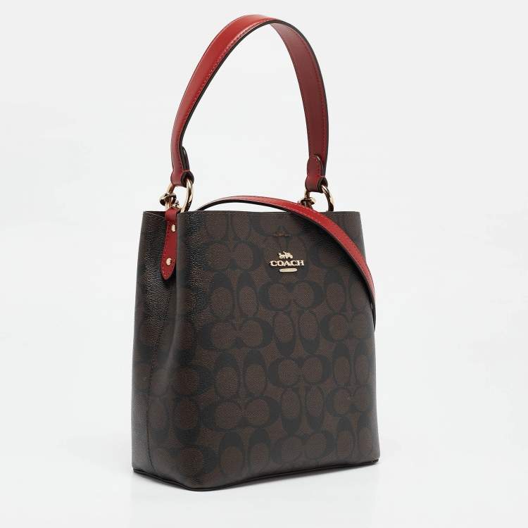 Pre Owned Coach Red/Brown Signature Coated Canvas and Leather Small Town Bucket Bag