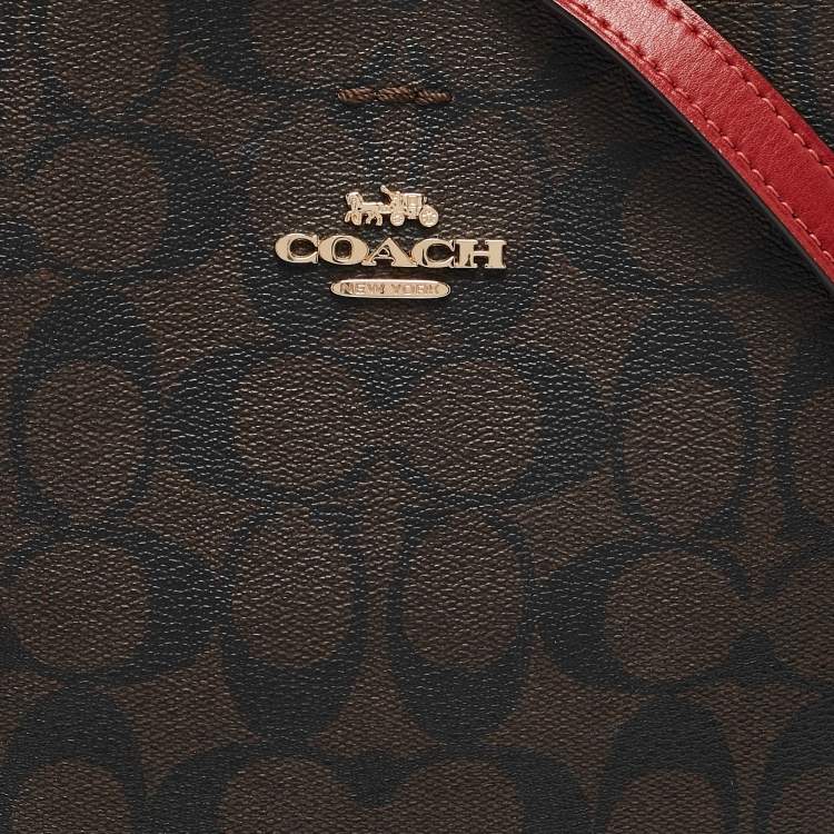 Pre Owned Coach Red/Brown Signature Coated Canvas and Leather Small Town Bucket Bag