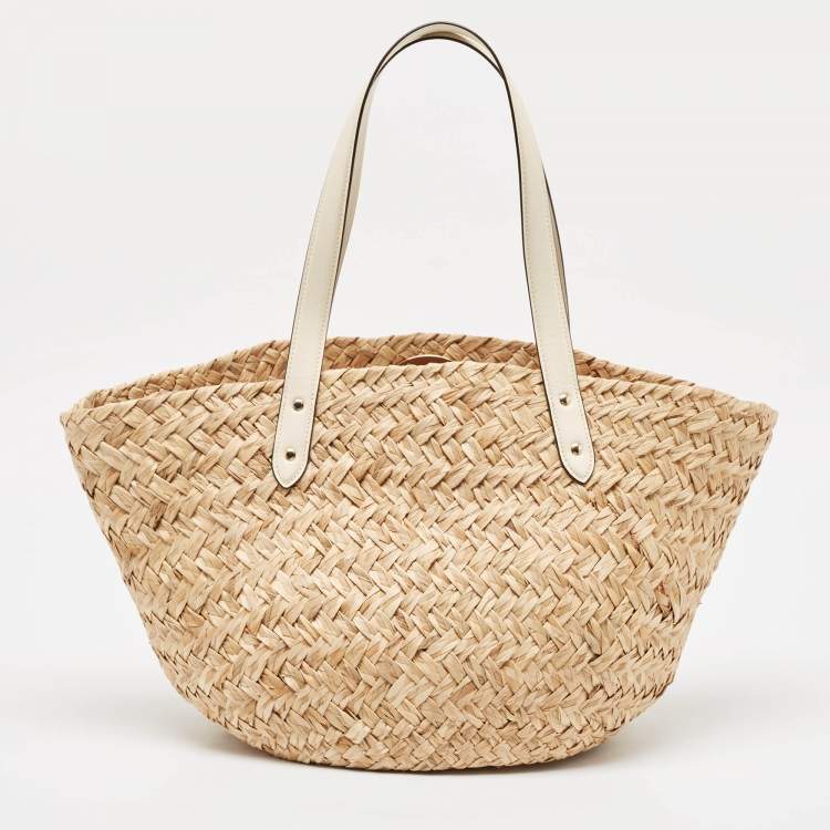 Pre Owned Coach Beige/White Raffia Straw and Leather Cherry Basket Tote