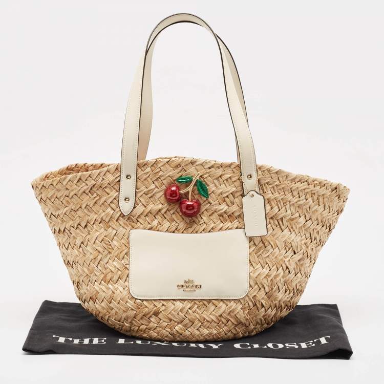 Pre Owned Coach Beige/White Raffia Straw and Leather Cherry Basket Tote