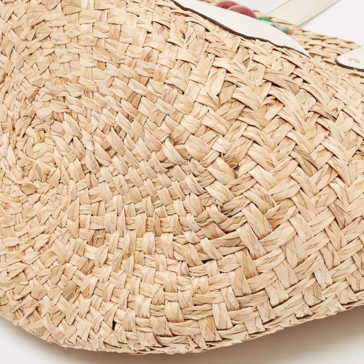 Pre Owned Coach Beige/White Raffia Straw and Leather Cherry Basket Tote
