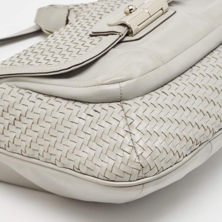 Pre Owned Coach Grey Woven Leather Kristin Hobo