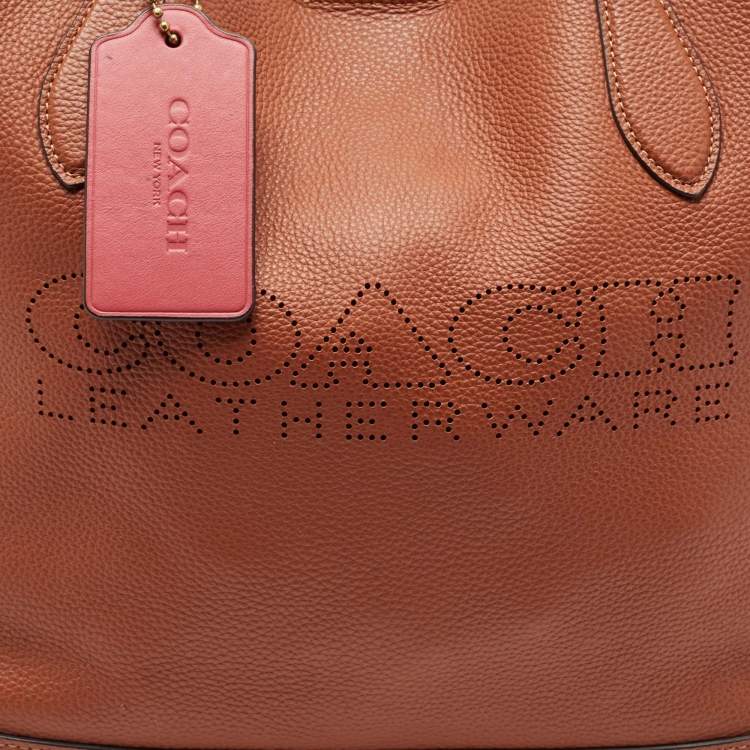 Pre Owned Coach Brown Leather Perforated Logo Kia Shopper Tote