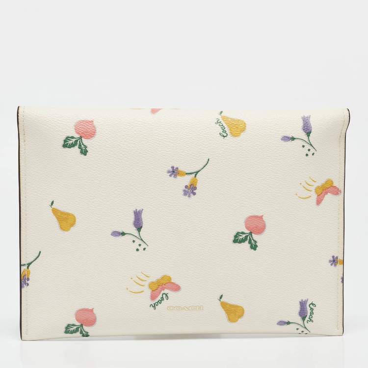 Pre Owned Coach Cream Garden Print Leather Large Turnlock Pouch