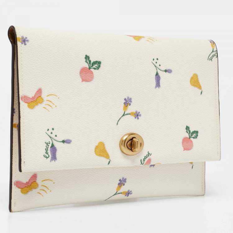 Pre Owned Coach Cream Garden Print Leather Large Turnlock Pouch