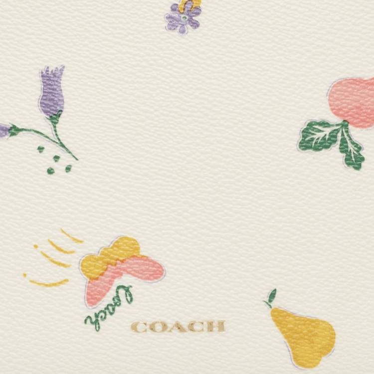 Pre Owned Coach Cream Garden Print Leather Large Turnlock Pouch