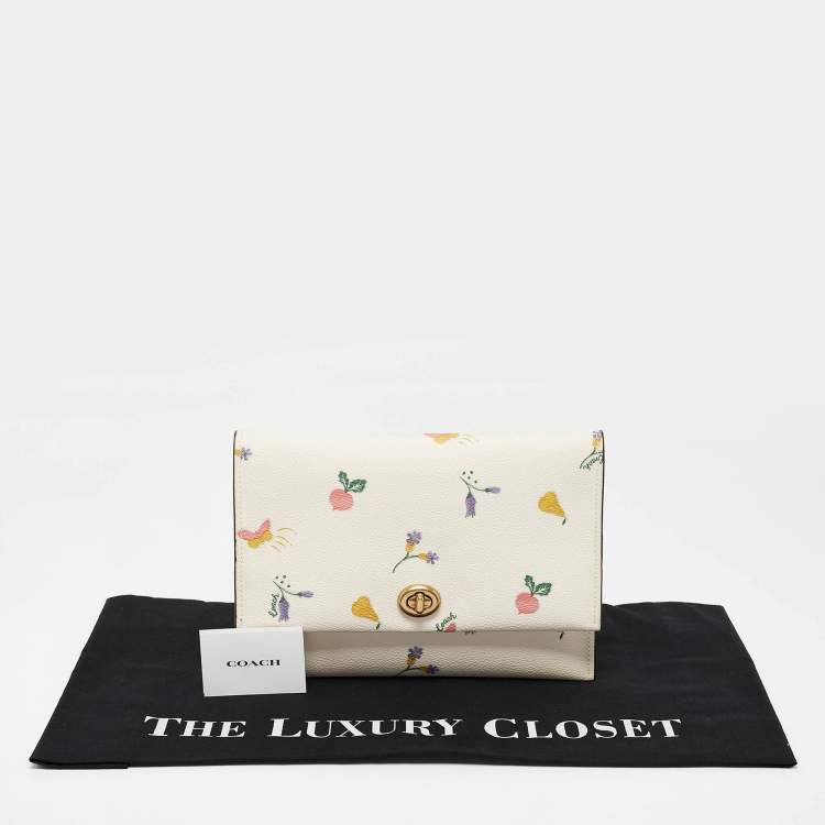 Pre Owned Coach Cream Garden Print Leather Large Turnlock Pouch