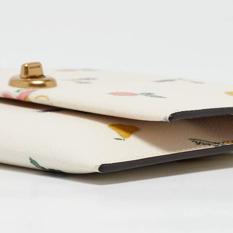Pre Owned Coach Cream Garden Print Leather Large Turnlock Pouch