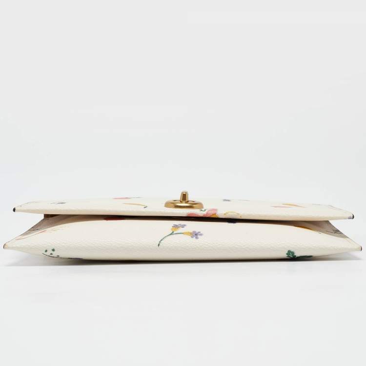 Pre Owned Coach Cream Garden Print Leather Large Turnlock Pouch