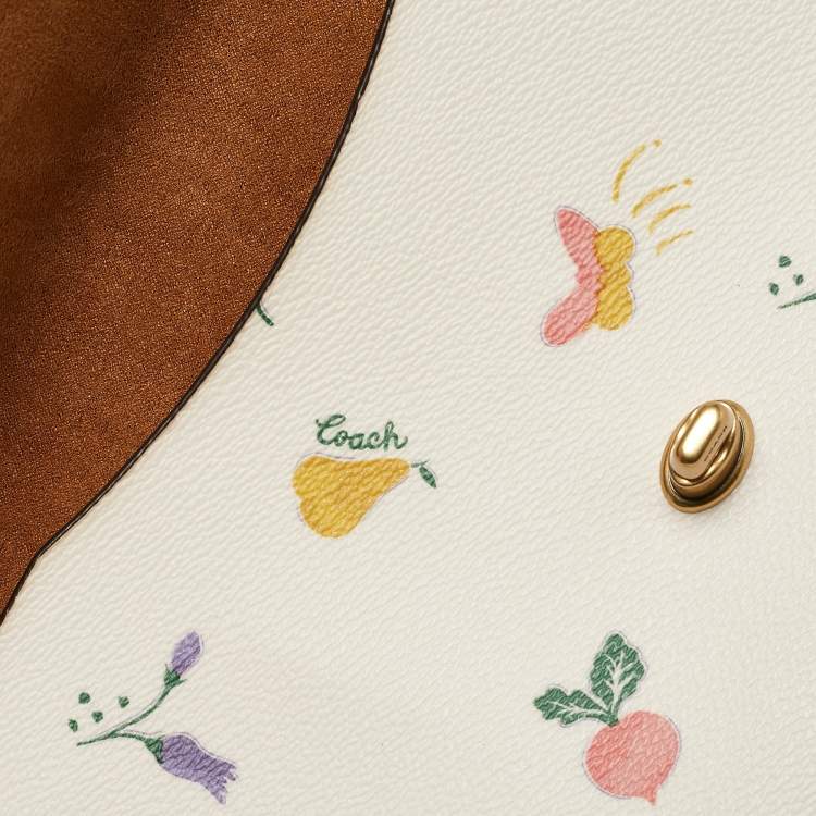 Pre Owned Coach Cream Garden Print Leather Large Turnlock Pouch