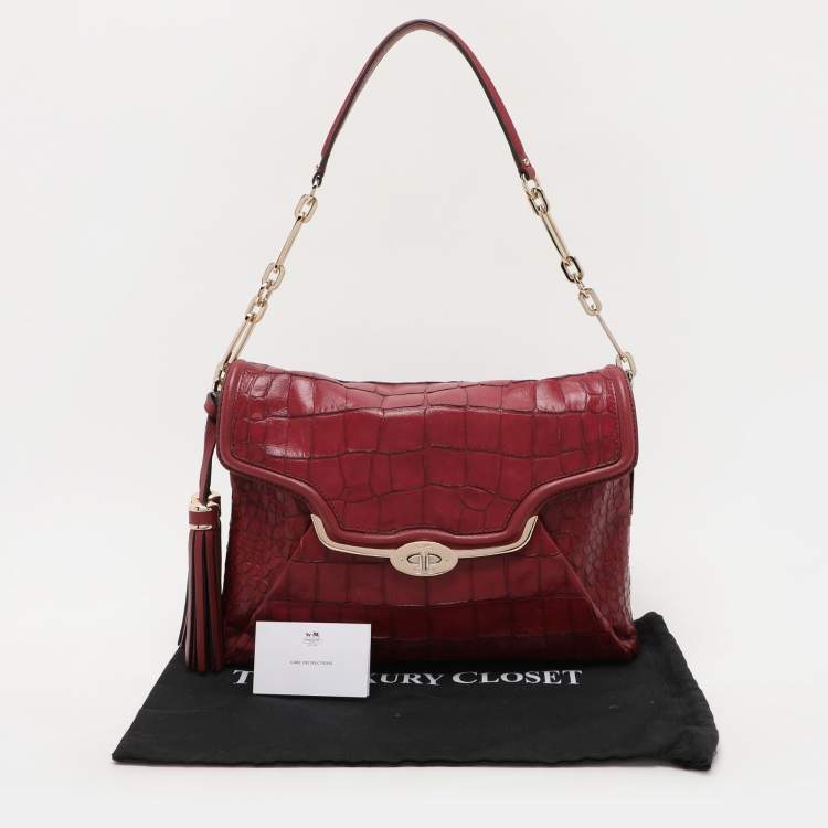 Pre Owned Coach Burgundy Croc Embossed Leather Shoulder Bag