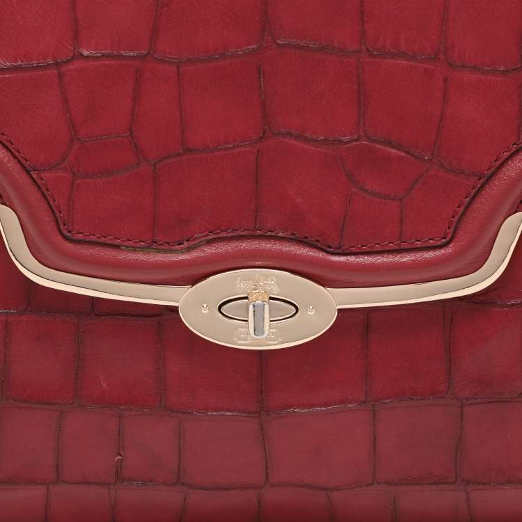 Pre Owned Coach Burgundy Croc Embossed Leather Shoulder Bag