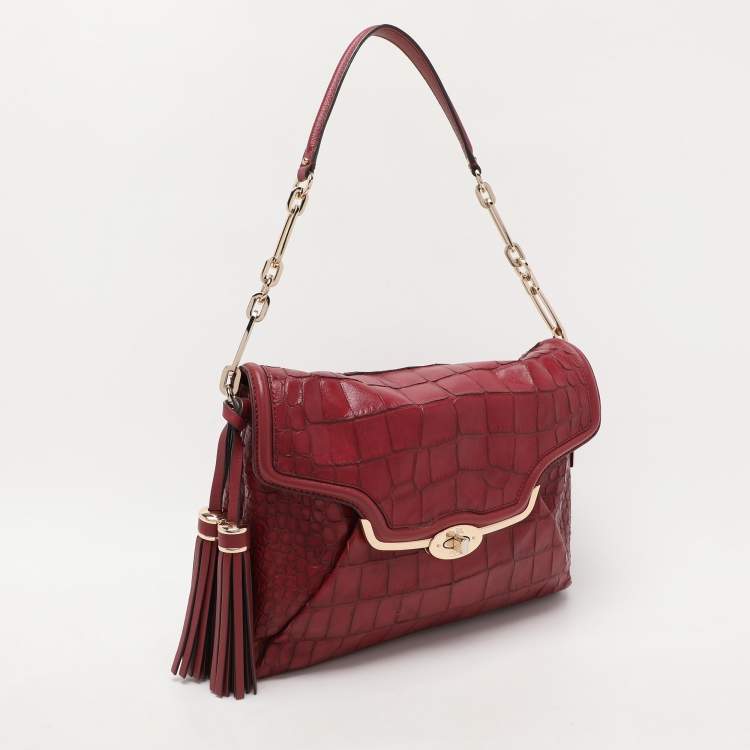 Pre Owned Coach Burgundy Croc Embossed Leather Shoulder Bag