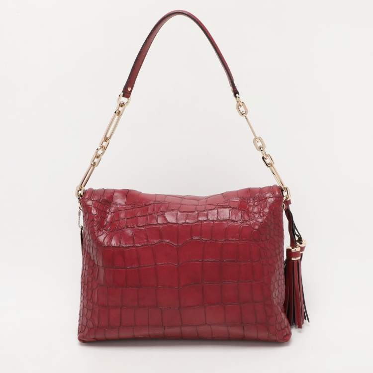 Pre Owned Coach Burgundy Croc Embossed Leather Shoulder Bag