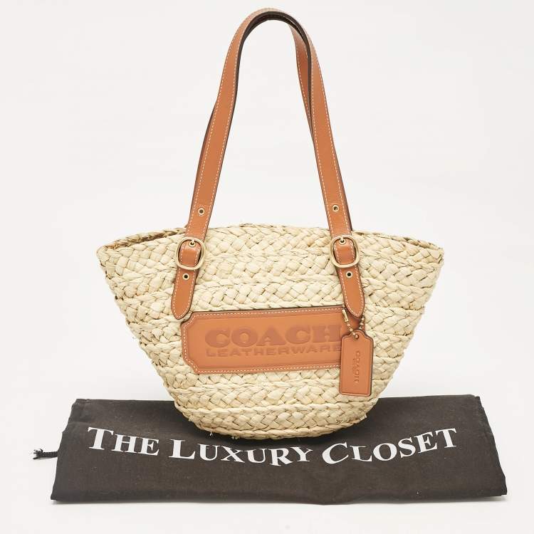 Pre Owned Coach Beige/Brown Raffia and Leather Structured 16 Tote 
