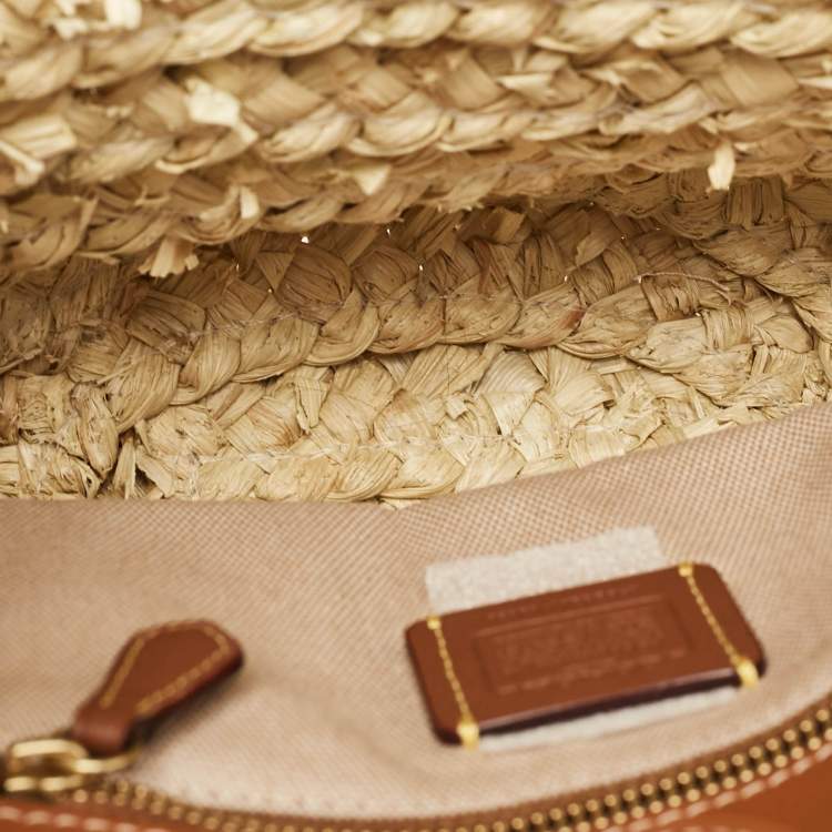 Pre Owned Coach Beige/Brown Raffia and Leather Structured 16 Tote 