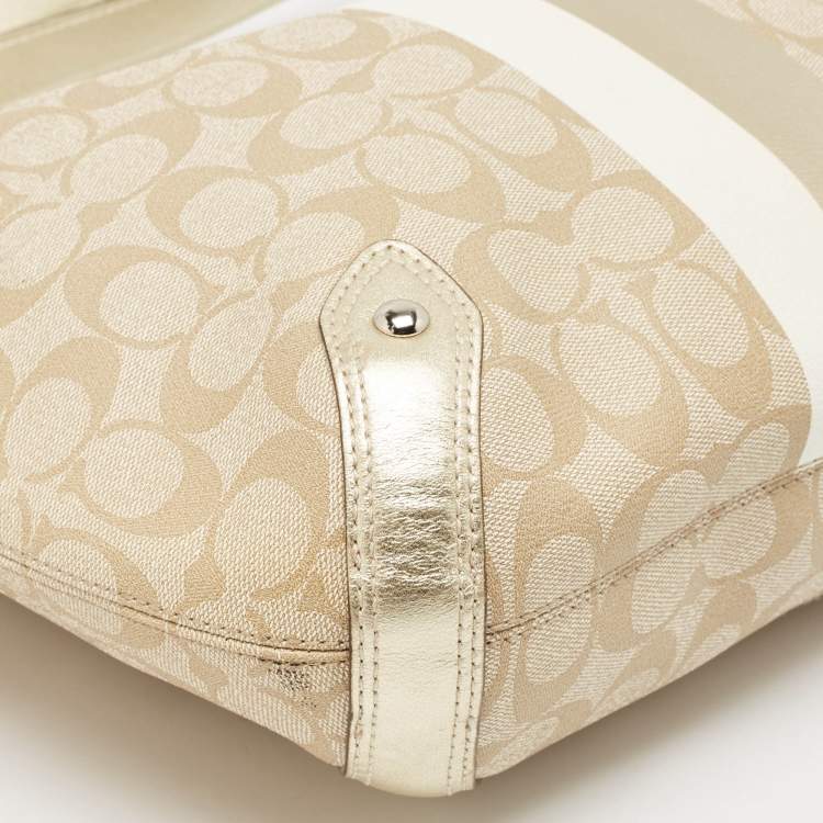 Pre Owned Coach Gold/Beige Signature Coated Canvas and Leather Chelsea Heritage Stripe Hobo
