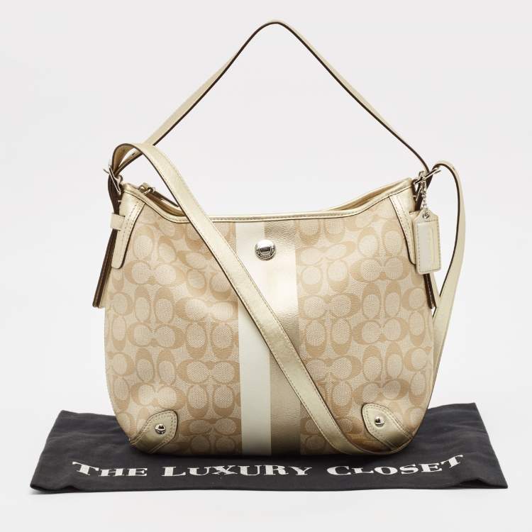 Pre Owned Coach Gold/Beige Signature Coated Canvas and Leather Chelsea Heritage Stripe Hobo