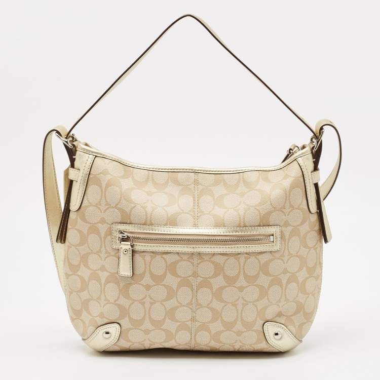 Pre Owned Coach Gold/Beige Signature Coated Canvas and Leather Chelsea Heritage Stripe Hobo