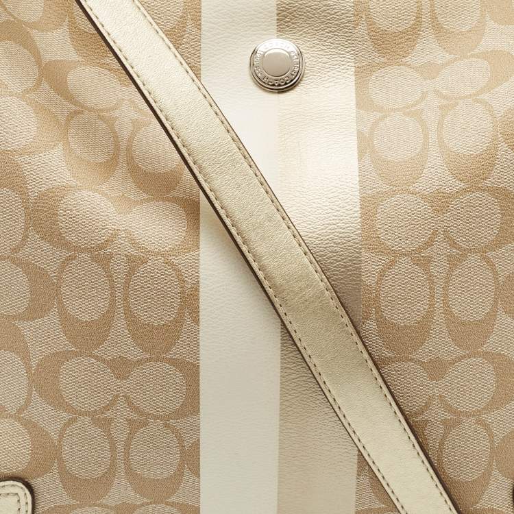 Pre Owned Coach Gold/Beige Signature Coated Canvas and Leather Chelsea Heritage Stripe Hobo