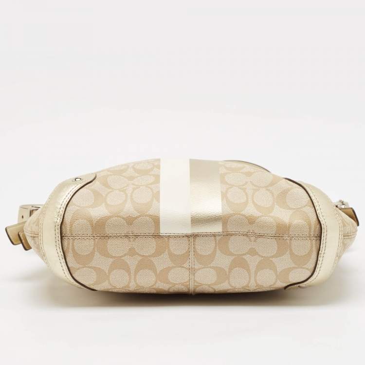 Pre Owned Coach Gold/Beige Signature Coated Canvas and Leather Chelsea Heritage Stripe Hobo