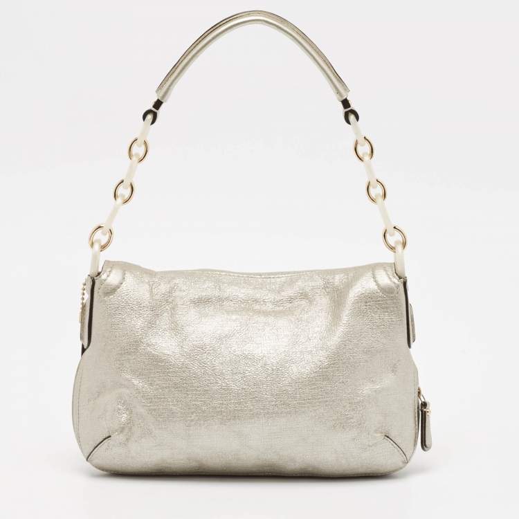 Pre Owned Coach Silver Leather Kristin Flap Shoulder Bag