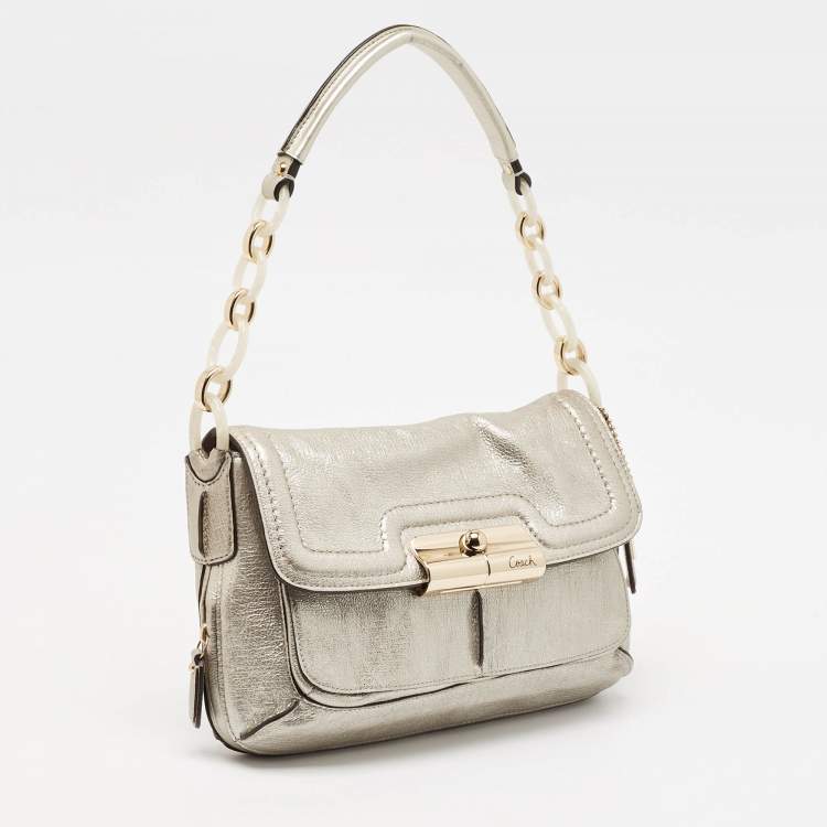 Pre Owned Coach Silver Leather Kristin Flap Shoulder Bag