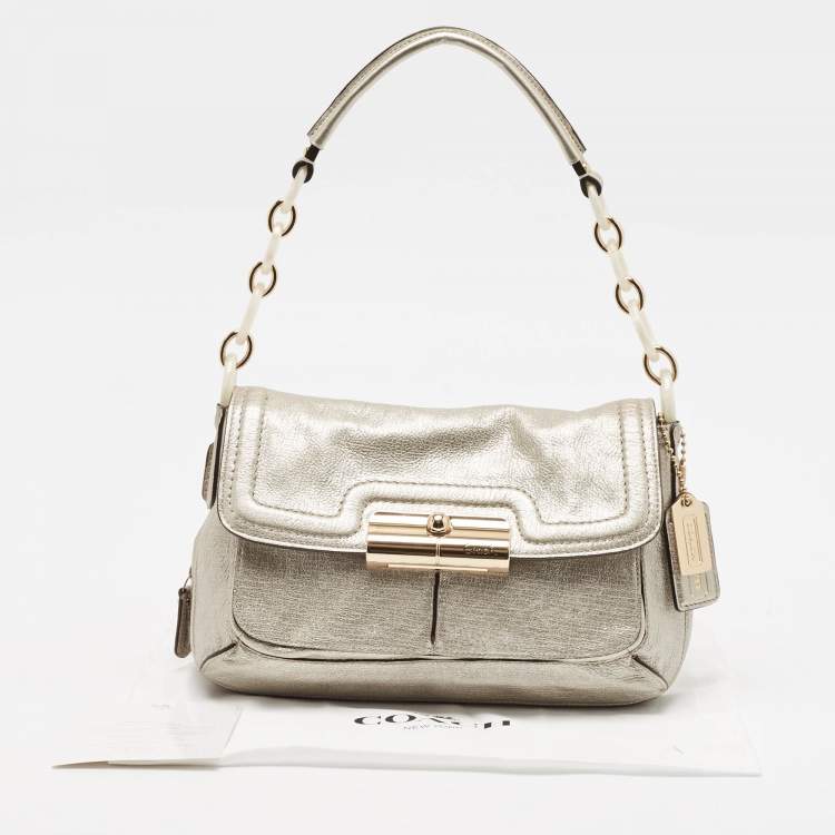 Pre Owned Coach Silver Leather Kristin Flap Shoulder Bag