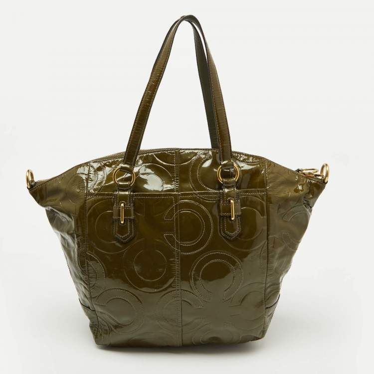Pre Owned Coach Olive Green Op Art Embossed Patent Leather Madison Satchel